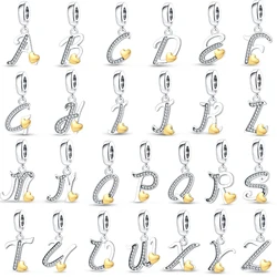 26 English Letter Series 925 Sterling Silver Gold Heart-Shaped Design Charms Beads 3mm DIY Fine Jewelry Making
