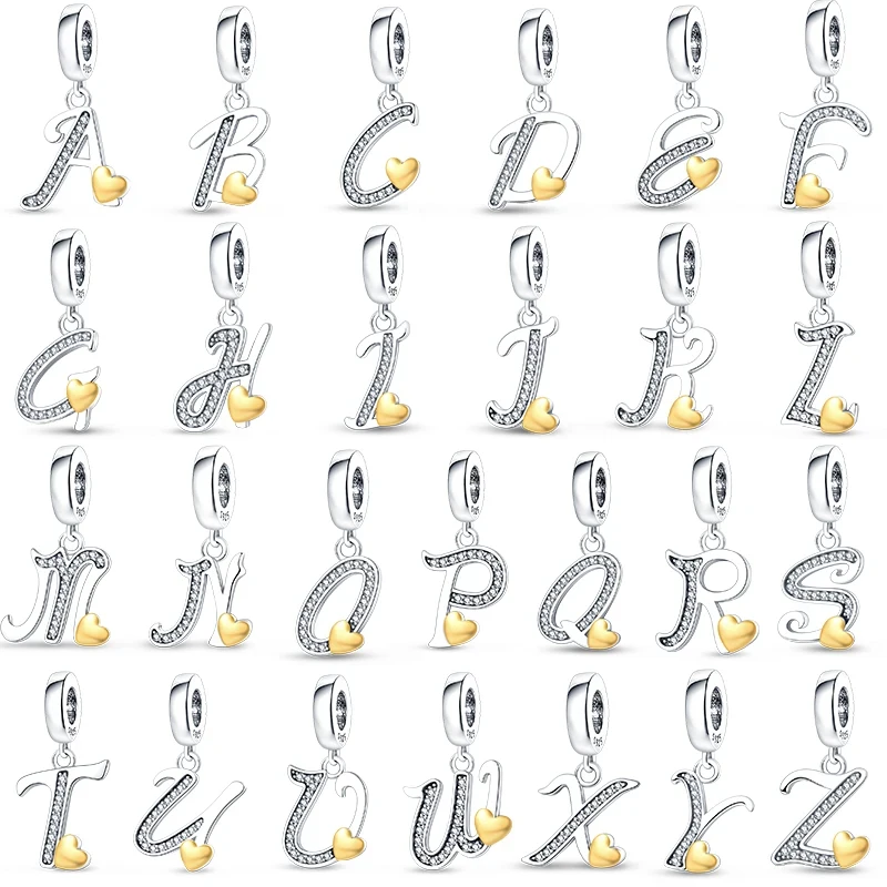 26 English Letter Series 925 Sterling Silver Gold Heart-Shaped Design Charms Beads 3mm DIY Fine Jewelry Making
