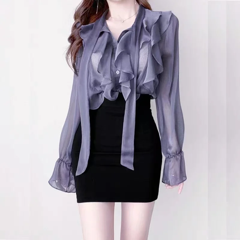 Korean Style Female See-through Blouse Lightweight Long Flare Sleeve Ruffles Patchwork Office Lady Shirts Sexy Women Chiffon Top