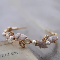 Opal Crystal Wedding Tiara Bridal Hair Crown Freshwater Pearls Jewelry Women Hairband Gold Color