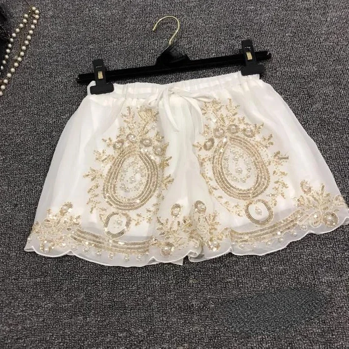Frauen Vintage Gold Stickerei kurze Hosen Perlen Arbeits Shorts Frauen Stickerei Pailletten Shorts