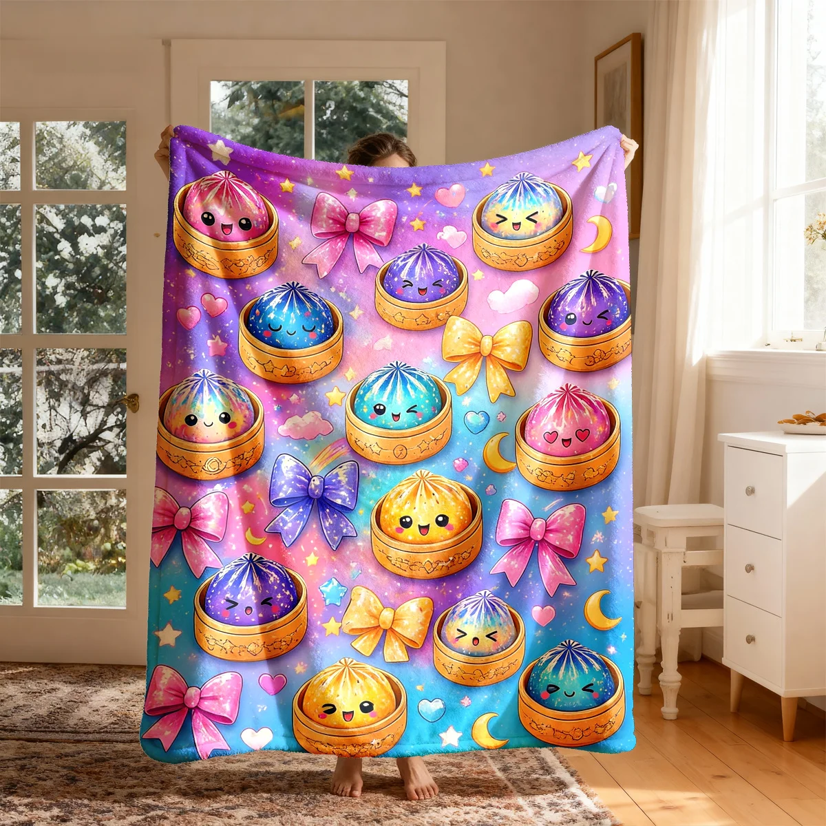 1 coperta in flanella con motivo arcobaleno, stelle, cielo, cartoni animati e fiocco