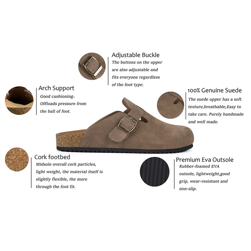 Womens Cow Suede Leather Clogs Beach Mules Cork Footbed Sandals Potato Shoes with Arch Support Adjustable Buckle Garden Slipper