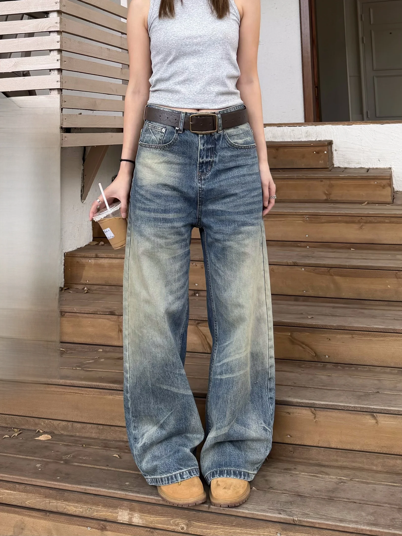 

XFX Американские ретро свободные широкие прямые джинсы женские High Street Cleanfit длинные брюки длиной до пола