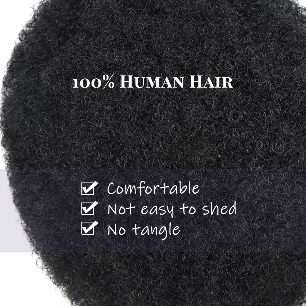 Afro Kinky Curly Toupee For Man Human Hair Breathable Lace With PU Around Base Hair Pieces Natural-Looking Hairline Hair Replacement System Male Hair Units #1B