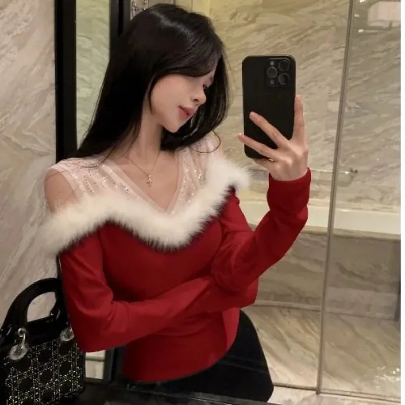 

Womens Red Cold-Shoulder Faux Fur Trim Sequined Blouse Long Sleeve Slim Fit Top