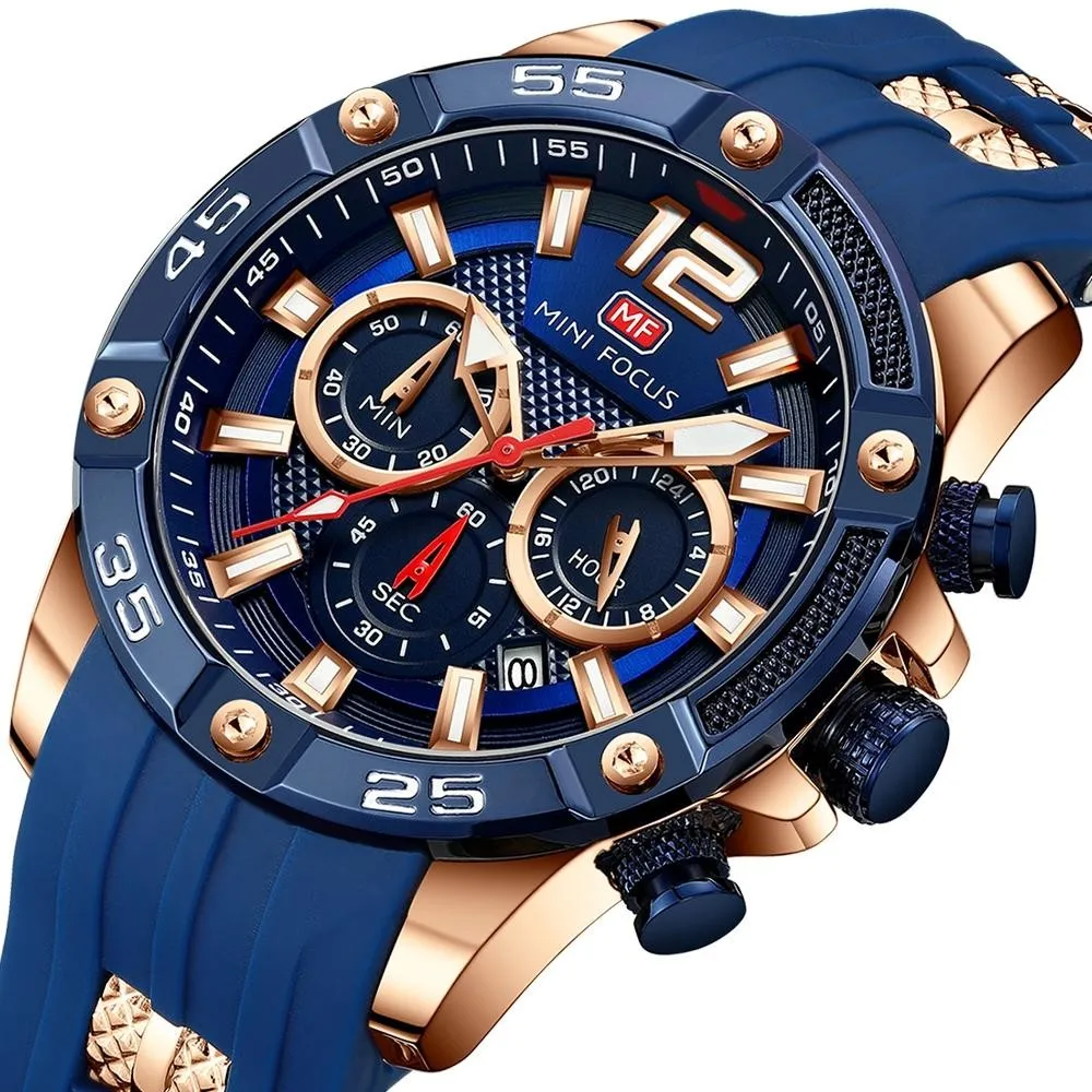 MINIFOCUS Men's Sport Quartz Watch Chronograph Waterproof Multifunction Silicone Strap Luminous Watch