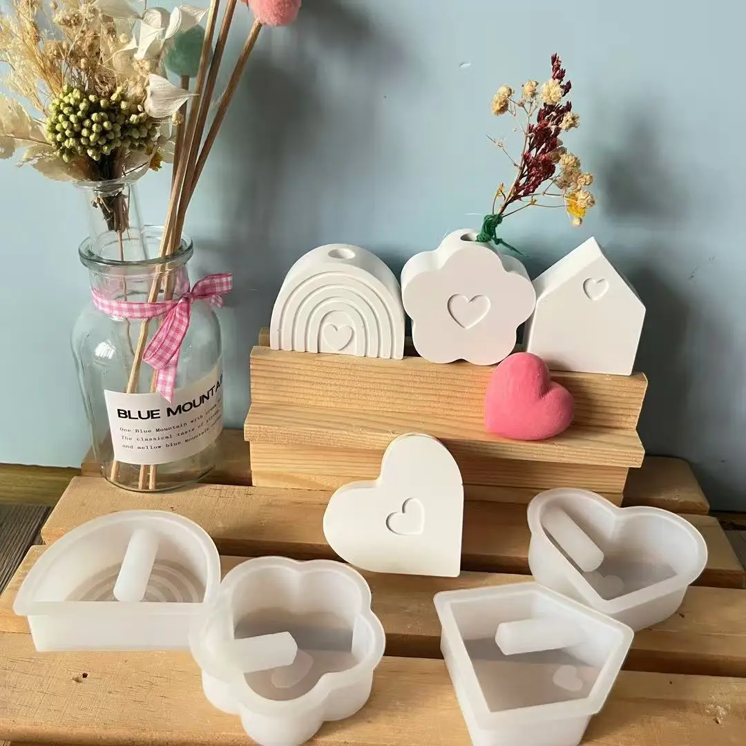 Moda Arco Iris casa forma de corazón florero molde de silicona Diy 3d moldes de gota florero molde de yeso