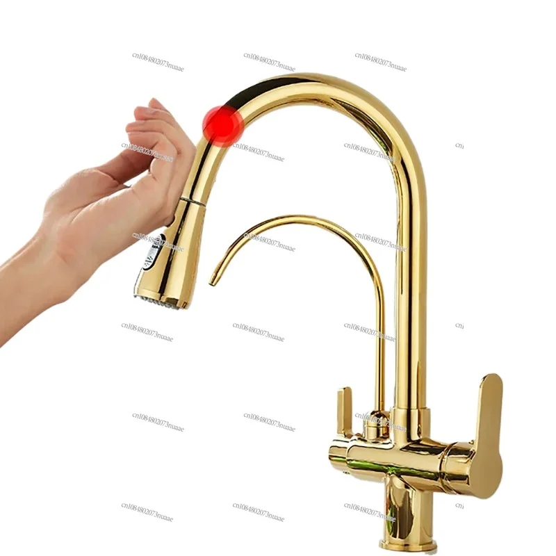 Gold Touch Filter Kitchen Faucets 3 Ways Hot Cold Pull Out Kitchen Mixer Tap Solid Brass Golden Sensor Touch Kitchen Faucet