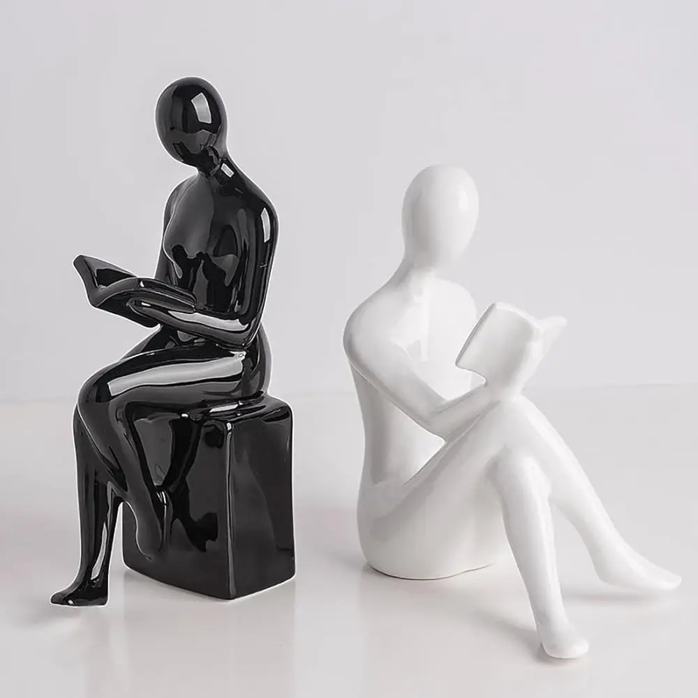 Pembaca Buku Patung Keramik Dekoratif Bookends, Ujung Buku Hitam dan Putih untuk Buku, Dekorasi Rak Tempat Buku Modern Estetika