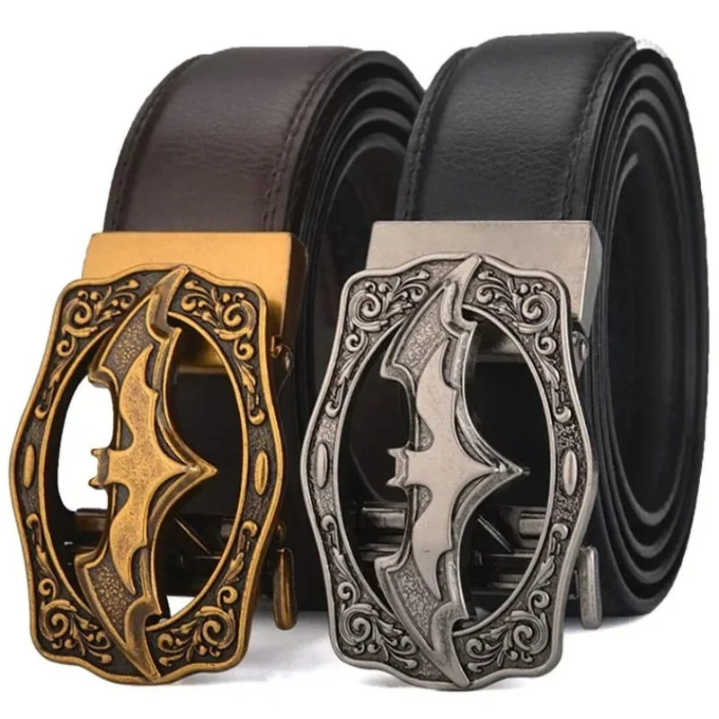 Men's Vintage Bat Pattern Genuine Leather Belt, Silver Gold Automatic Buckle, Plus Size 130 140 150 160 170cm Casual Waistband