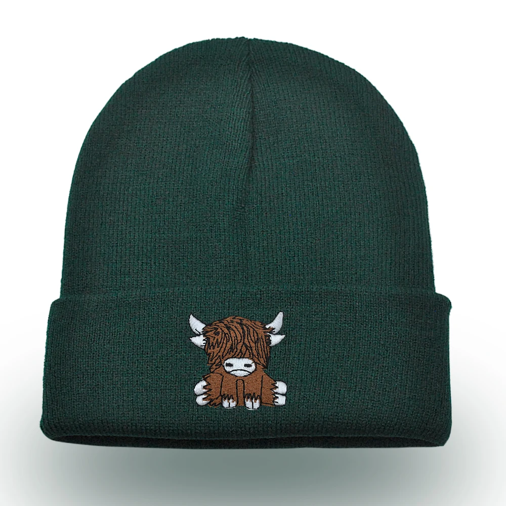 Scottish Highland Cow Beanie Embroidered Cute Scotch Cow Knitted Hat Autumn Winter Warm Hip Hop Hat Unisex Ski Hat