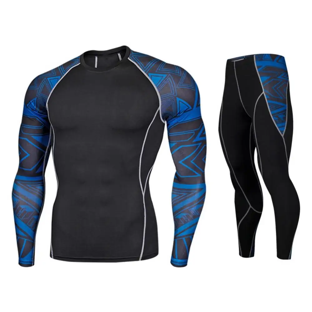 2Pcs/Set Men Printed Tracksuit Compression Shirt Pants Workout Rashguard Tights Summer Short-sleeved T-shirt + Trousers Jogging