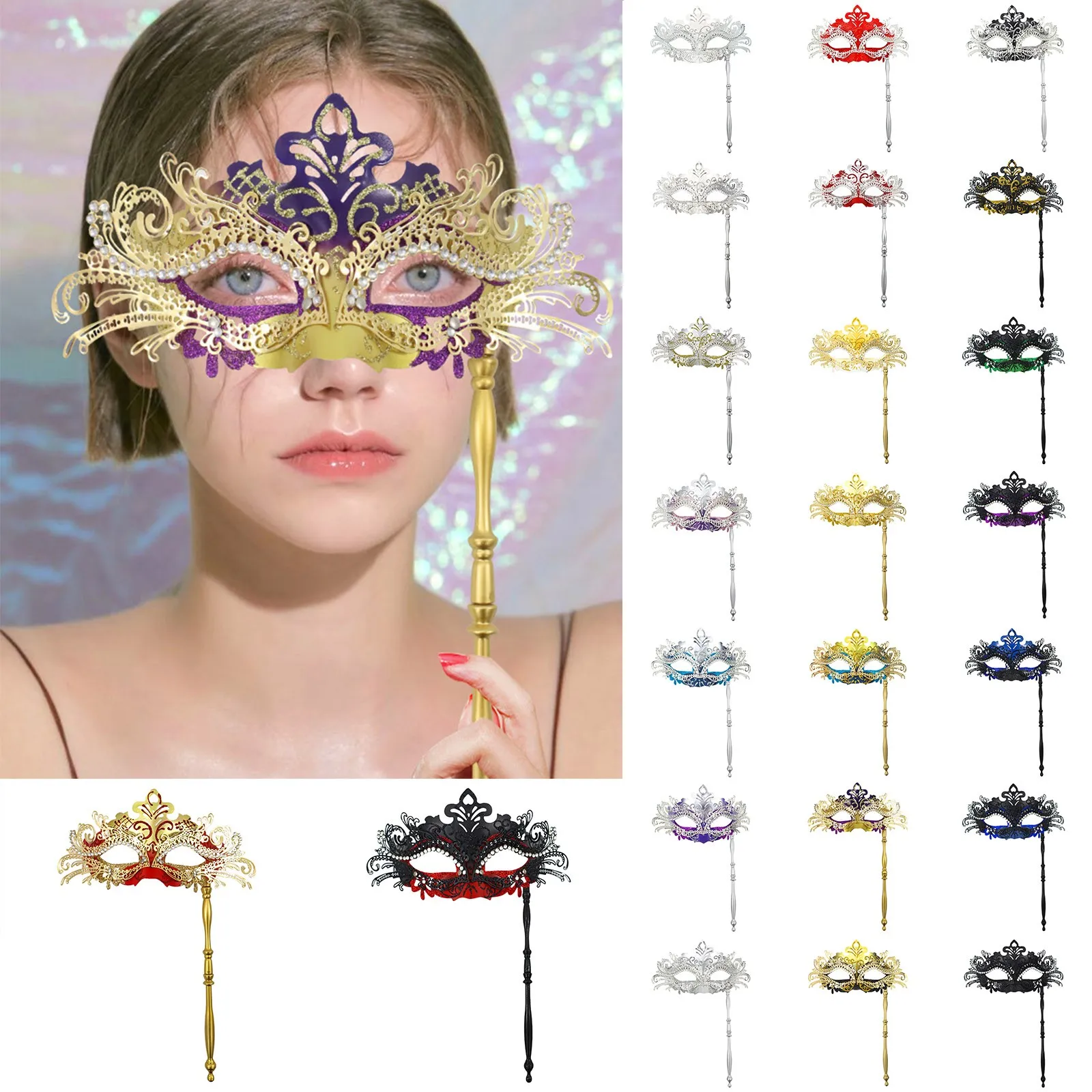 21 colors Handheld Women Masquerade Half Face Iron Masks With Stick Fashion Vintage Princess Halloween Carnival Cosplay Show