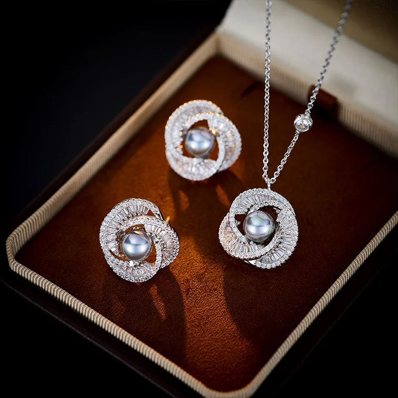 

Light Luxury Exquisite Full Zircon Spiral Pearl Earrings Necklace Set S925 Silver Needle Elegant Versatile Collarbone Chain Chok