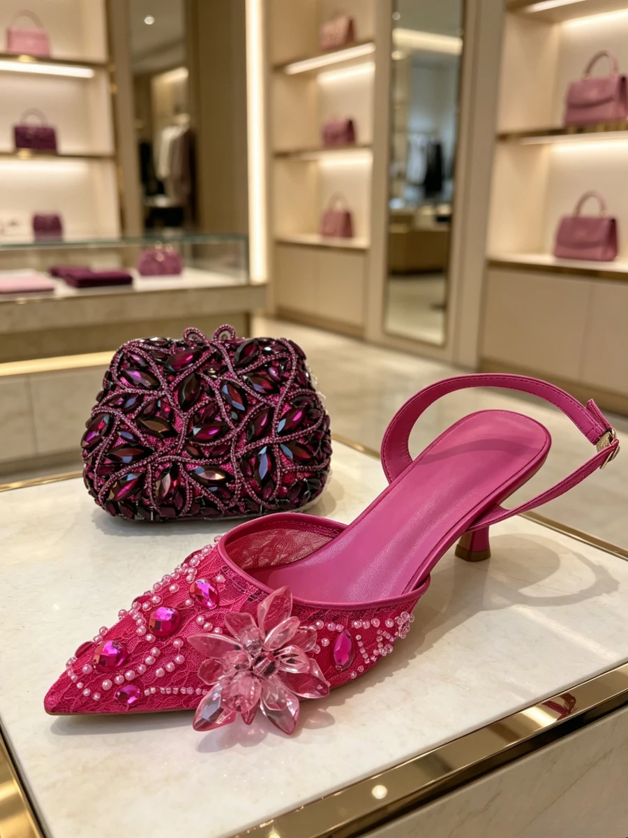 Conjunto de Zapatos de Tacón Bajo con Encaje Fucsia y Pedrería Floral y Bolso de Mano con Cristales Florales para Mujer, Zapatos de Vestir de Moda para Fiestas y Eventos