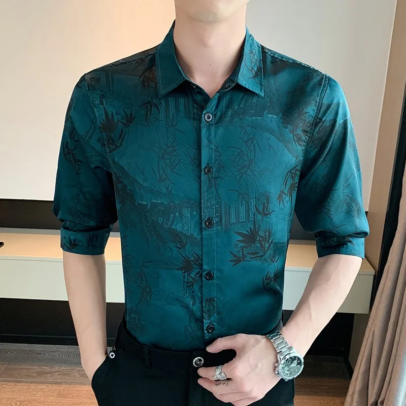 

2024 Summer Ice Silk Retro Printed Shirt for Men High Quality Three-quarter Sleeve Slim Casual Shirt Social Nightclub Streetwear