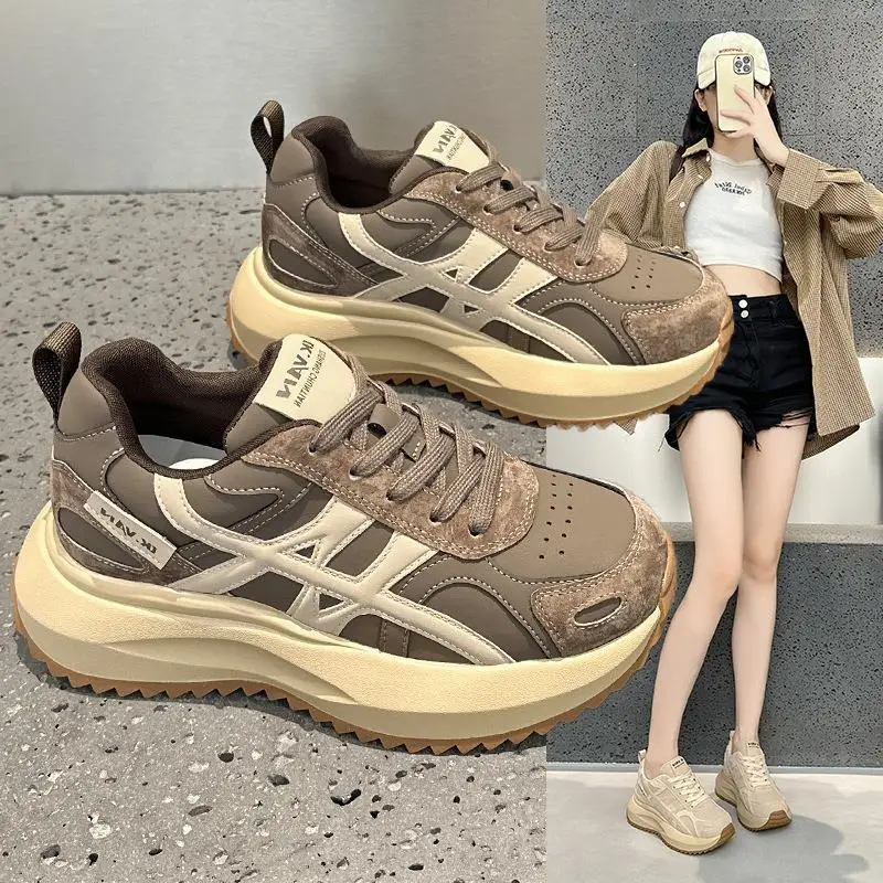 

Women's Sporty Thick Bottom Genuine Leather Agan Shoes Versatile College Style Flat Laced Breathable round Toe Dad Sneakers