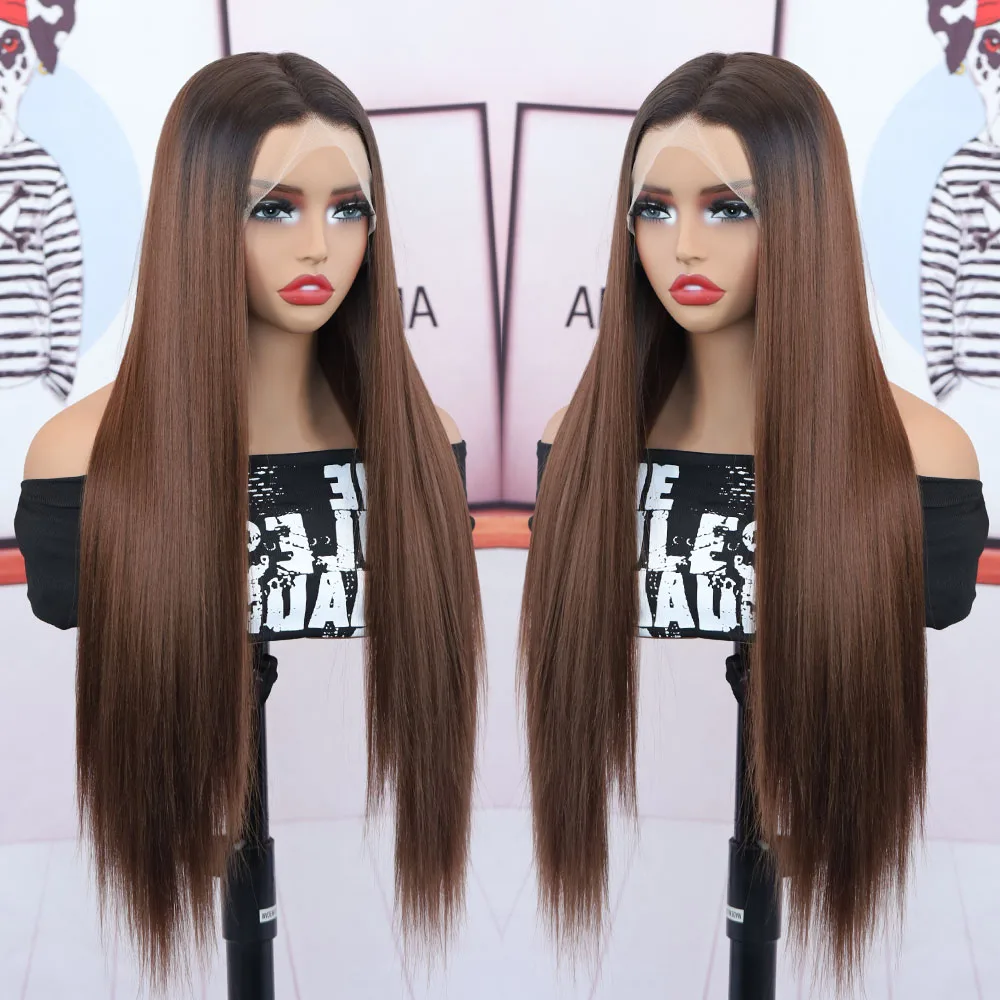Rooted Lace Front Wig Synthetic Brown Hair with Deep Part Design, Glueless Ready-to-Wear Wig Featuring Dark Roots to Light Brown Ombre, Deep Top Fiber for a Natural Look
