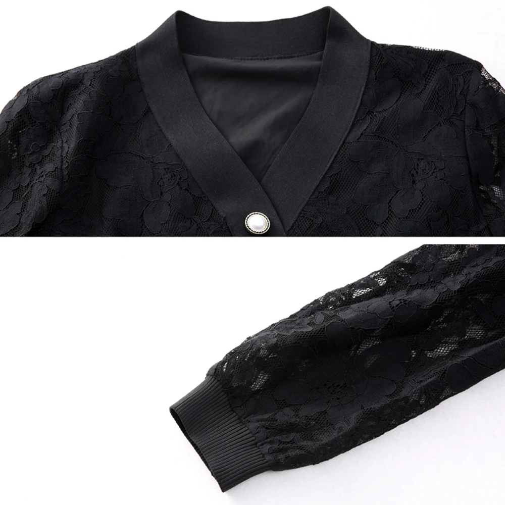 Elegant Black Lace Shirts For Women Vintage V-Neck Breasted Pullovers Blouses Sexy Hollow Out Spring Autumn Casual Tops Women