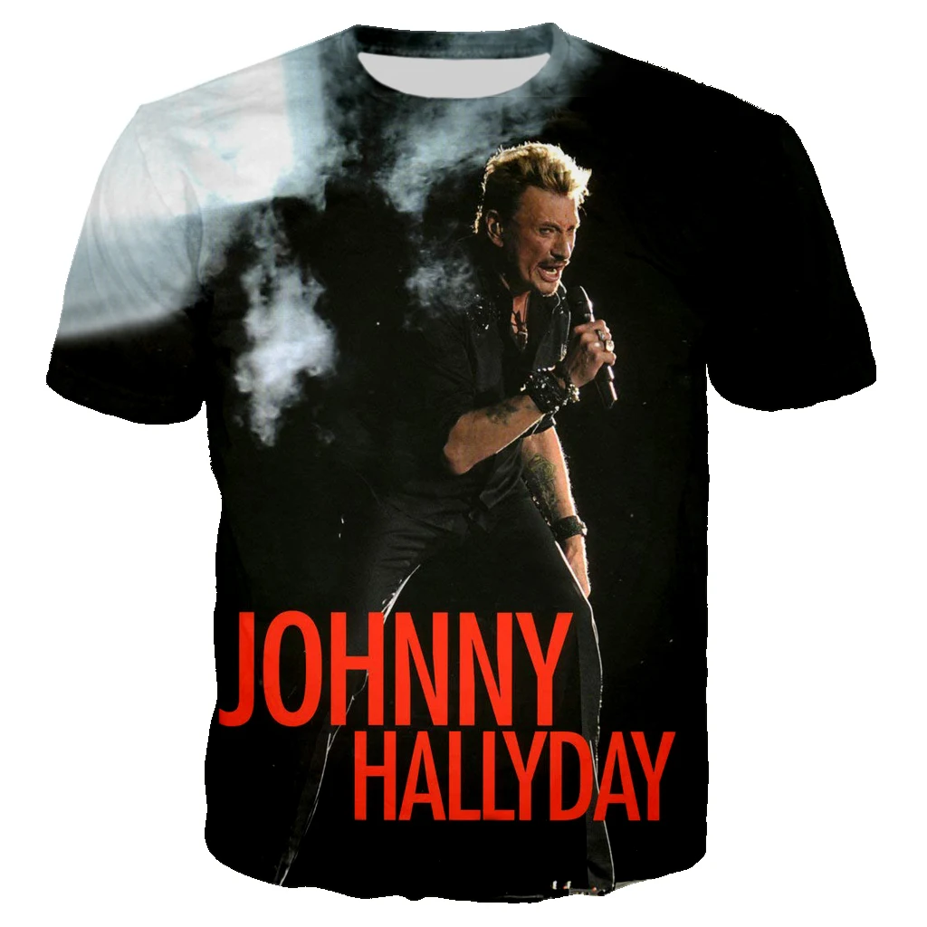 Pop şarkıcı Johnny Hallyday 3D baskılı tişört erkek kaya moda günlük T-shirt Hip Hop Harajuku üstleri yaz erkekler sokak giyim