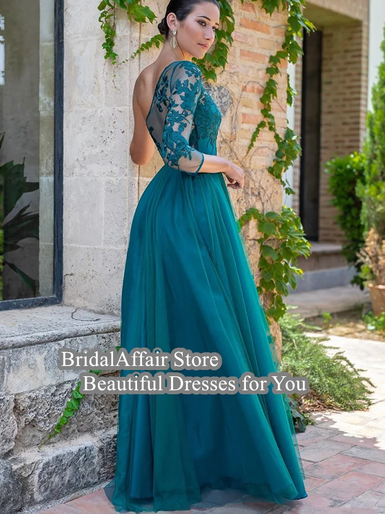 BridalAffair Turquoise Evening Dresses 2024 One Shoulder Illusion Long Sleeve High Slit Elegant Women Formal Party Evening Gowns