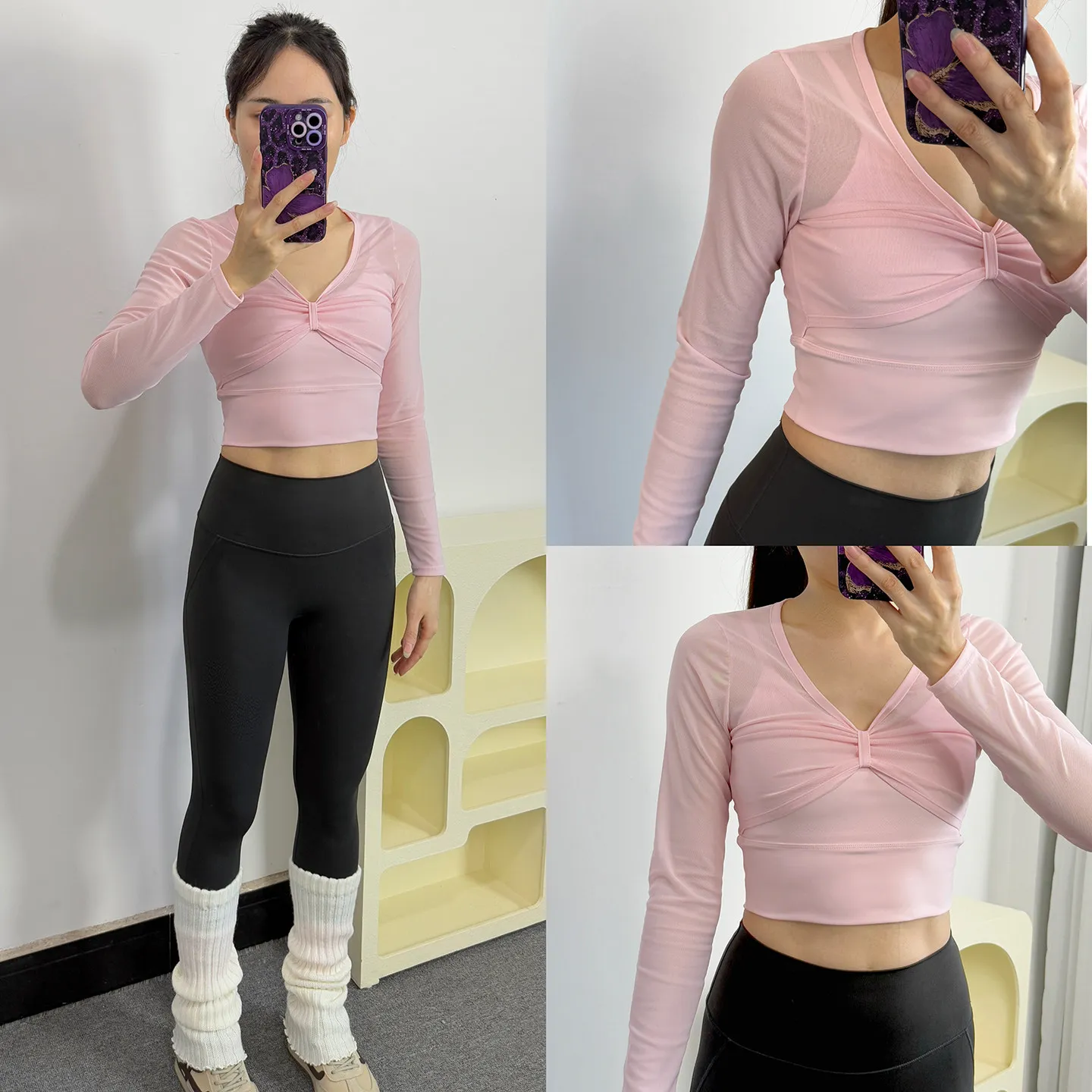 Yoga Wear Sheer Mesh Mock Two-Piece with Built-In Bralette, V-Neck, Long Sleeves, Women's Training Running Fitness Wear, Pilates