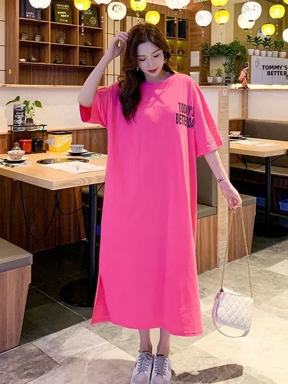 

plus Size Summer Women's Loose T-Shirt Dress Knee-Length Short Sleeve High Waist A-Line Polyester Fiber Casual Style Korean V...