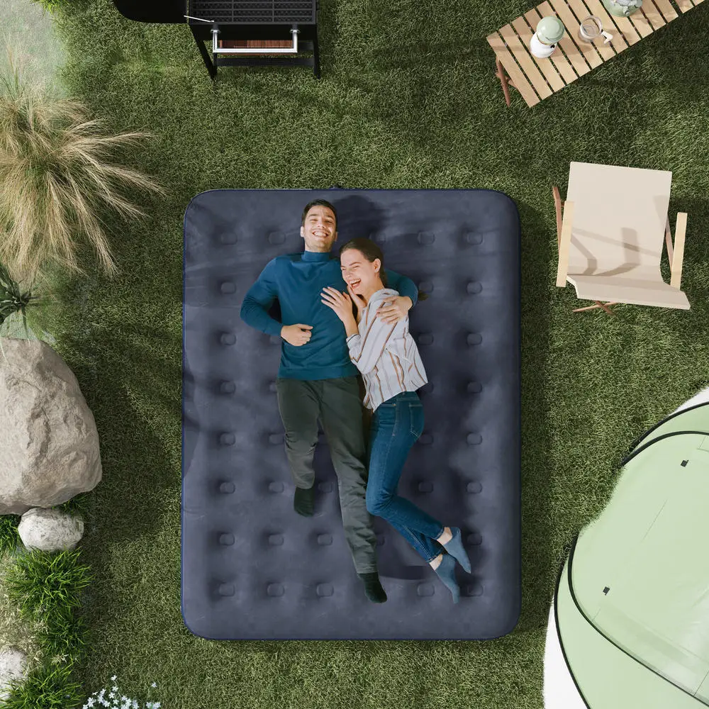 Matelas Gonflable 2 Personnes avec Pompe à Main Intégrée, Matelas Pneumatique Double Surface Floquée Douce et Confortable, Lit Gonflable Portable Bleu pour Camping, Voyage, Invités, Maison et Chambre d'Appoint, Matelas d'Appoint Pratique et Résistant