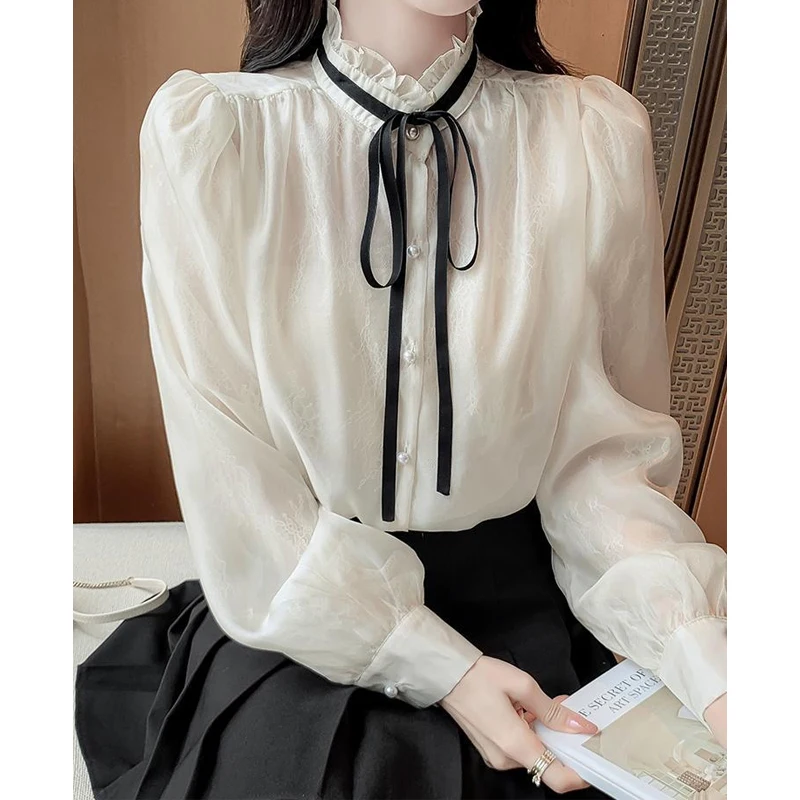 Bow Lacing Chiffon Blouse Spring Autumn New Long Sleeve Solid Color Thin Elegant Shirt Tops Temperament Korean Women Clothing