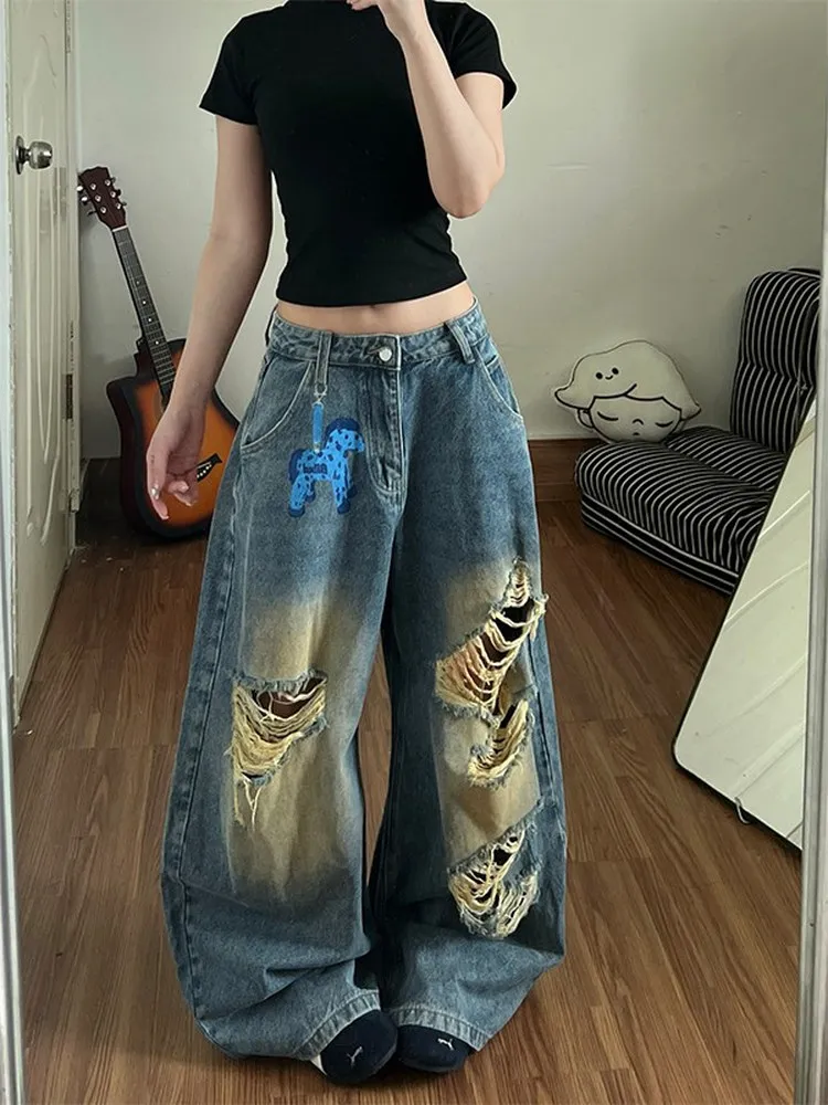 

Retro American Streetwear Dirty Dyed Distressed Loose Wide Leg Jeans High Waist Knife Denim Pants for Men And Women