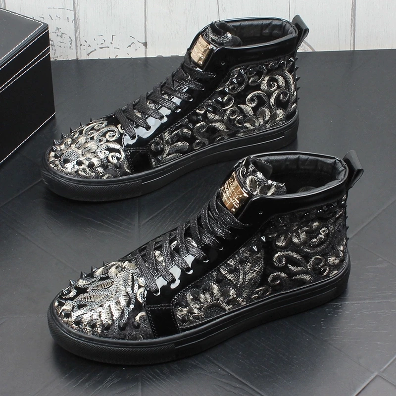 

2021new style tide male embroidery leisure shoes Korean edition fashionable youth joker high help board shoes b12