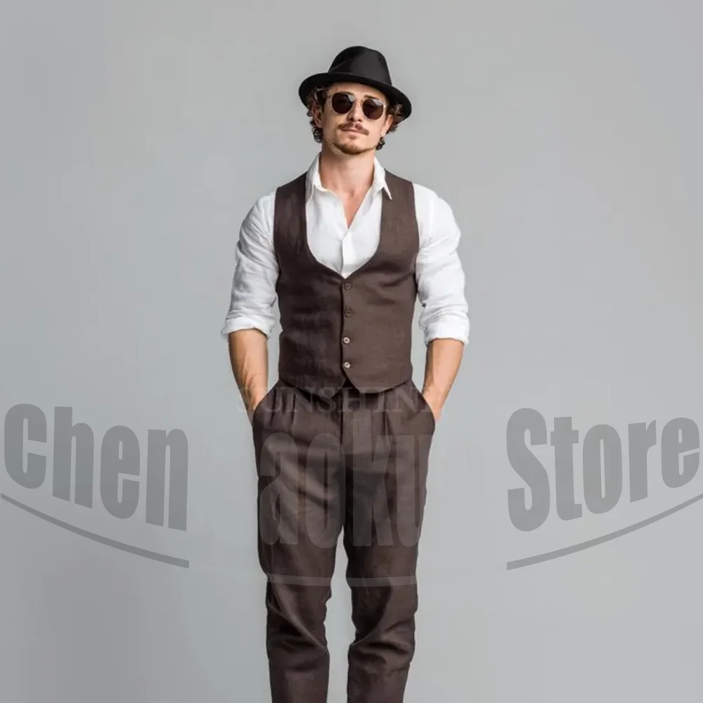 Vintage Linen Men Suit Fashion Sleeveless Single Breasted Vest with Trousers Wedding Groom Daily Casual Male Costume Wear