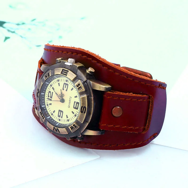 Men Women Bracelet Watch Punk Vintage Cow Leahter Alloy Wristwatch Casual Watches Gift Punk Vintage Cow Leahter Alloy Gift