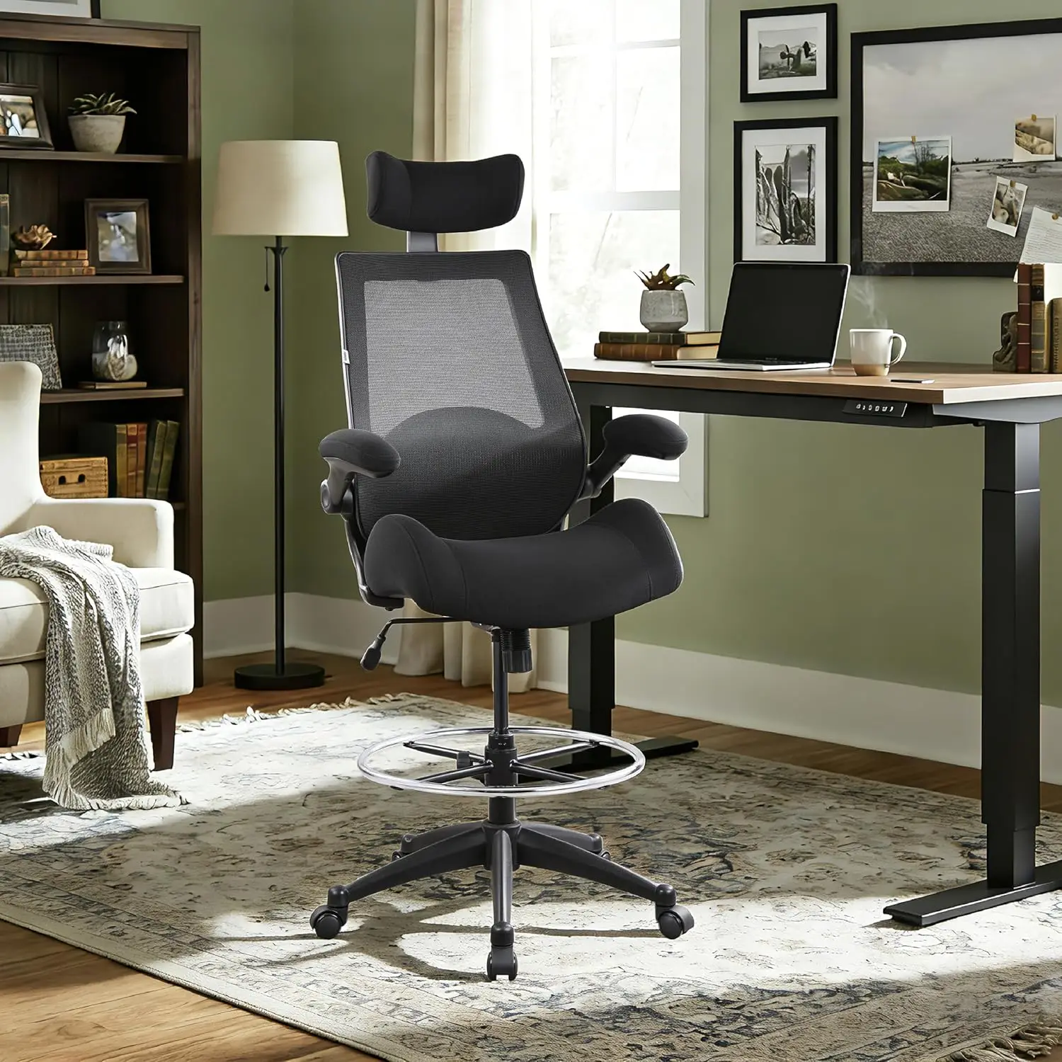 Drafting Tall Office Chair 400lbs High Back Standing Desk Chair | Comfortable Wide Chair with Flip up Armrests, Adjustable
