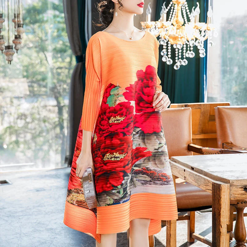 

Floral printed color blocking round neck three quarter sleeve pleated dress A line dress casual loose women dress female tops