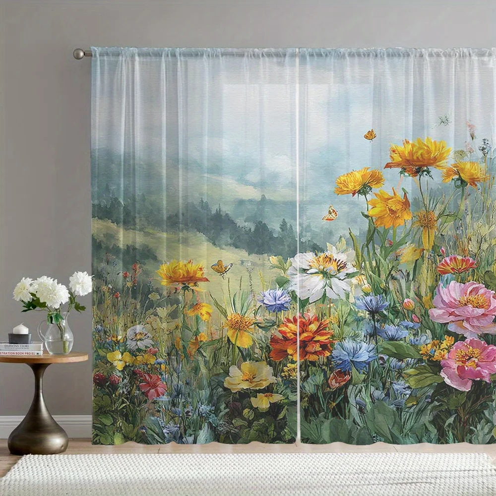 Decorative Floral Botanical Curtains Watercolor Meadow Print Window Curtains Panel for Bedroom Living Room Spring Garden Home