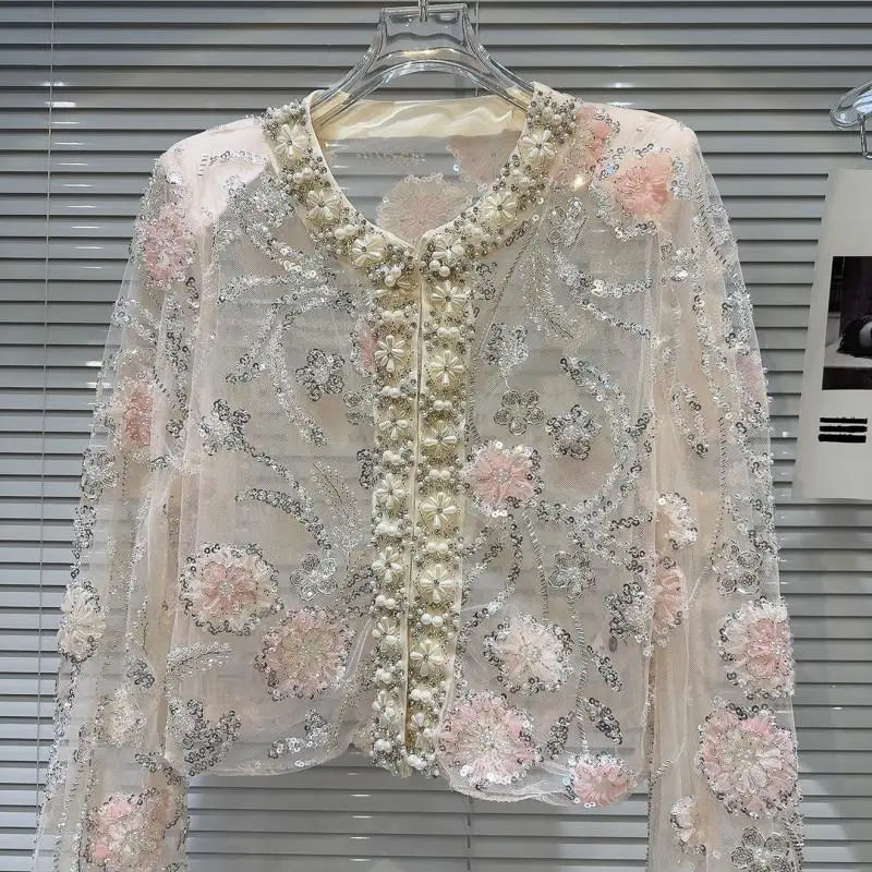 Spring Summer Women Pearls Beaded 3D Flowers Embroidery Sequin Organza Short Jacket Mesh Spliced Floral Coat Cardigan Tops 2025