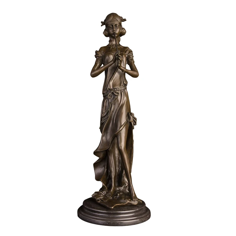 WPA-116 Handmade Bronze Young Girl with long Flute Statues Modern Female Musical Instruments Sculptures Figurine for Home