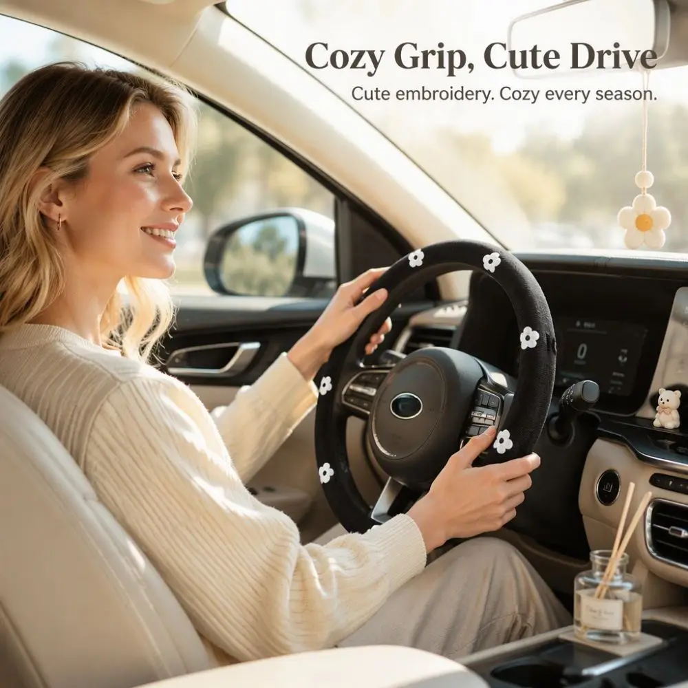 Cartoon embroidered cotton and linen steering wheel cover, 15 inches in diameter, suitable for most family cars (3 styles).