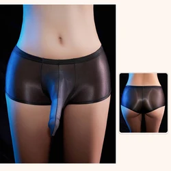 Mens Oil Shiny Boxers Briefs Low Rise Sheer Hip Lift Underwear Seamless Panties Long Sheath Pouch Underpants Sissy Erotic Linger