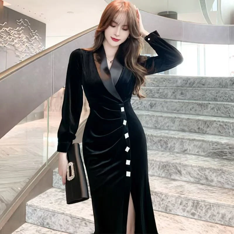 2024 vestido de noite outono e inverno vestido feminino primavera e outono longo nobre banquete elegante sexy magro geralmente pode usar uma saia