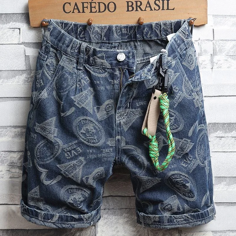 

Summer Thin Printed Denim orts for Men Casual Loose Fit Five-Quarter Trendy Retro Mid-Waist Straight Leg Jeans orts