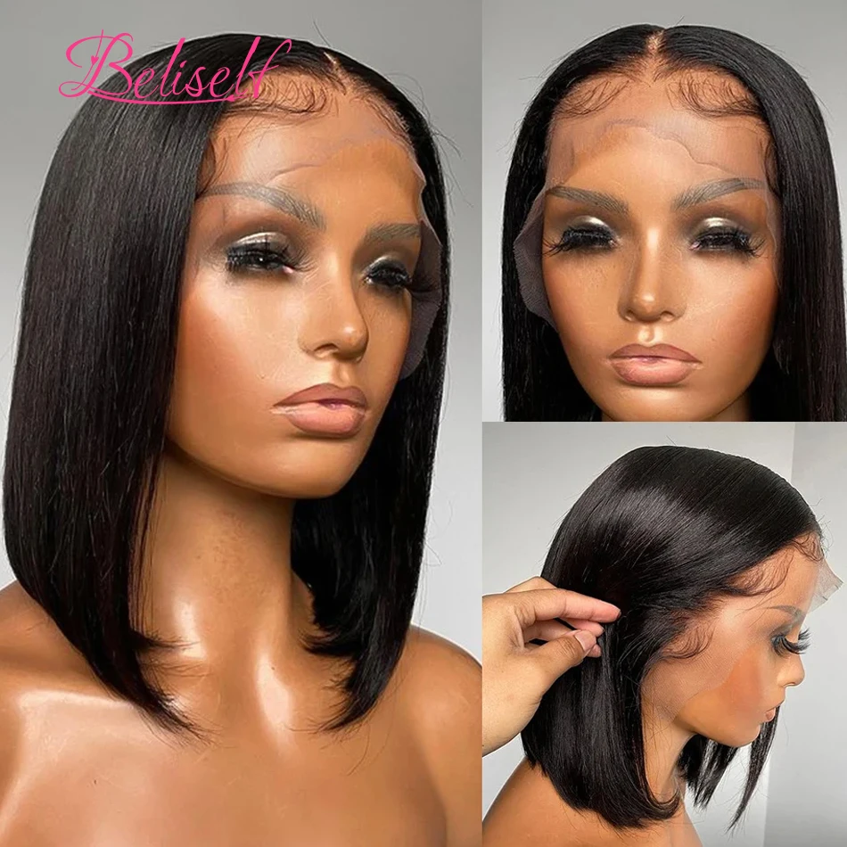 Wig Bob pendek rambut manusia 13x4 Wig renda Frontal Wig Bob lurus Brasil ketebalan 250 13x4 Wig rambut manusia renda penuh Beliself