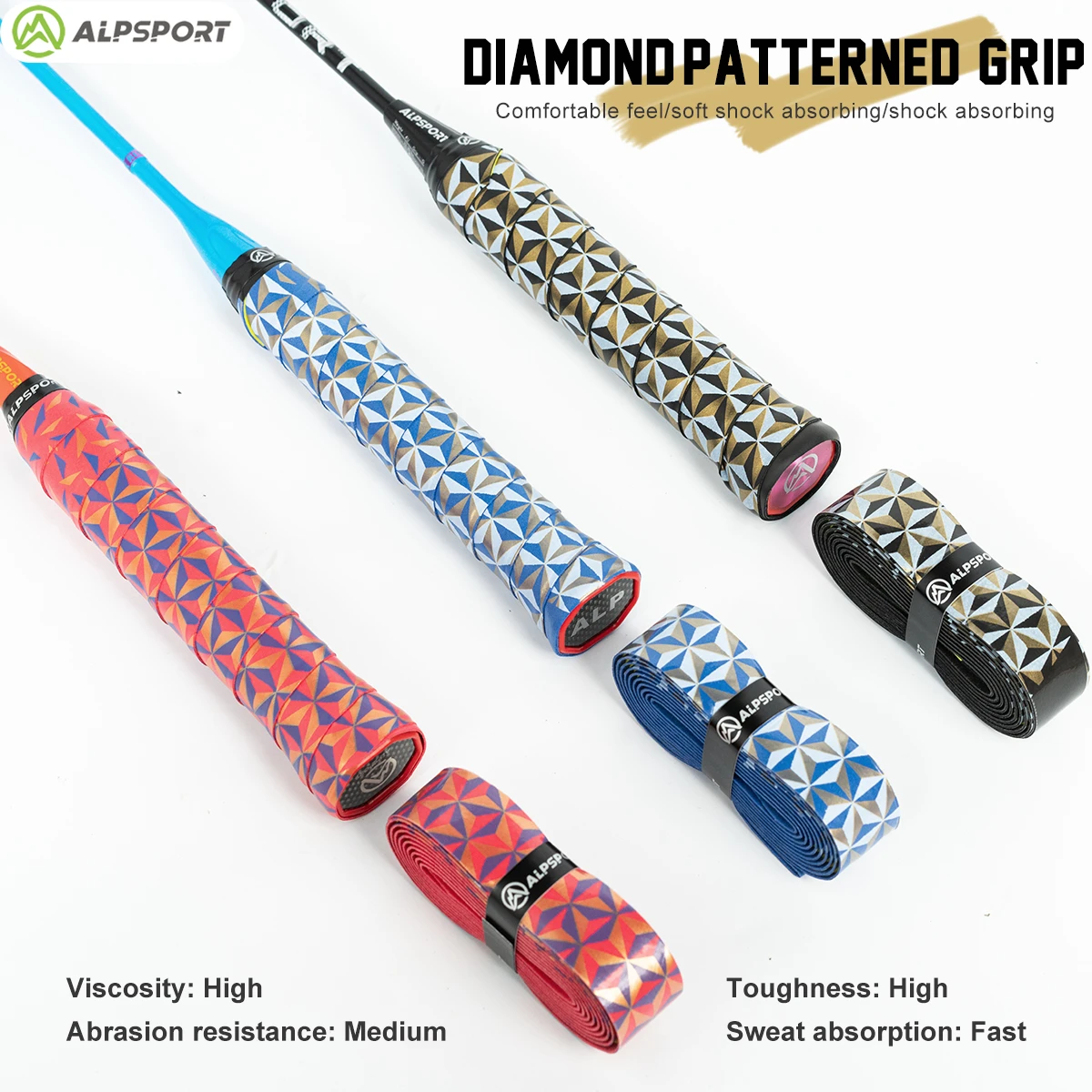 ​​ALPSPORT DBSJ 1.4m Diamond Overgrip | 3D Printed Anti-Slip Tape for Tennis/Badminton/Fishing Sweatproof Handle Wrap 1.5m Roll