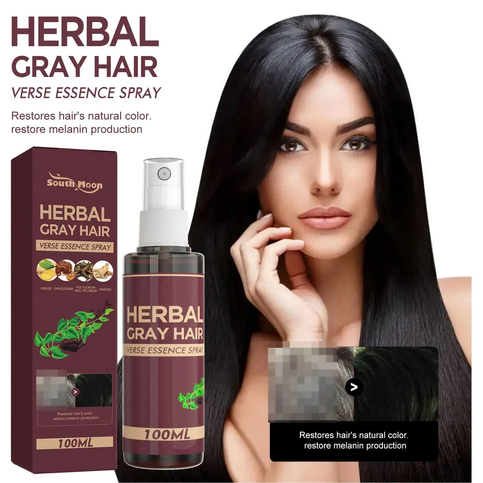 

100ml Hair Darkening Spray Anti White Hair Herbal Serum Black Hair Reduce Grey Scalp Food Glitter Scalp Spray