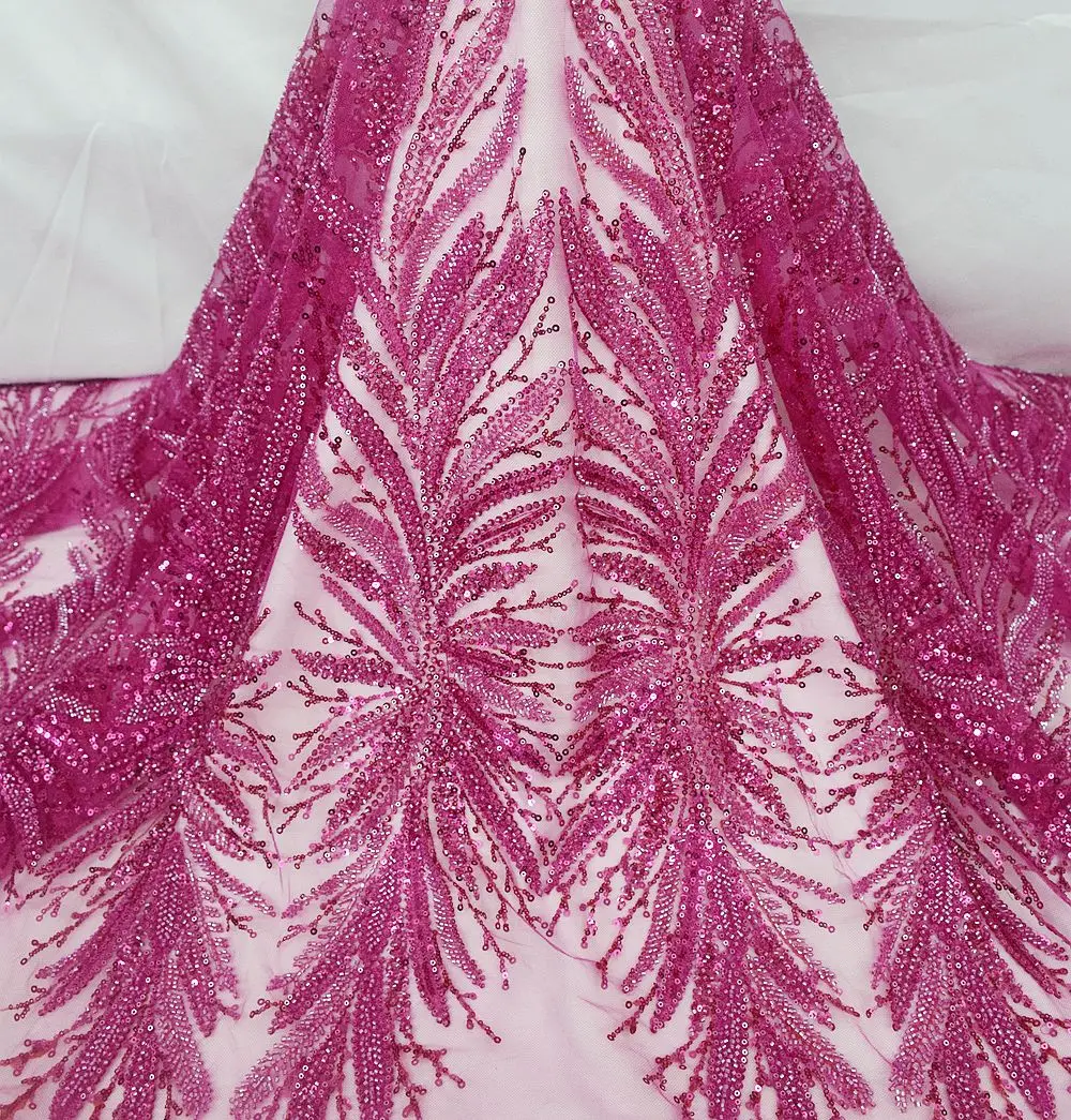 1 Yard  Fuchsia Pink French Style 3D Bridal Embroidery Lace Fabric Tulle Heavy Beads Sequins For Wedding HY1930