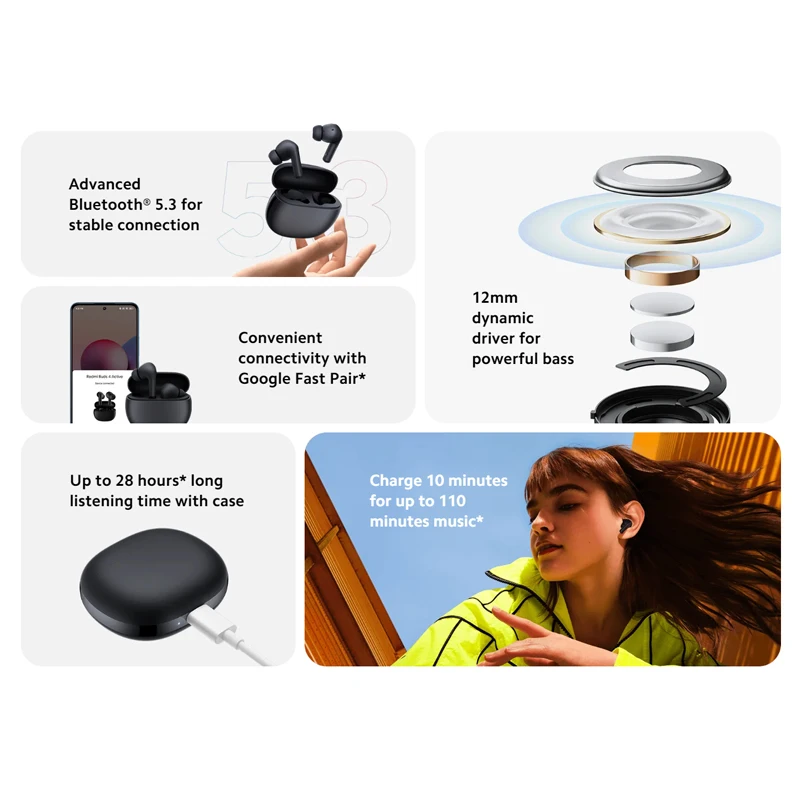 Original xiaomi redmi buds 4 ativo tws versão global sem fio bluetooth esporte fone de ouvido cancelamento ruído à prova dwaterproof água