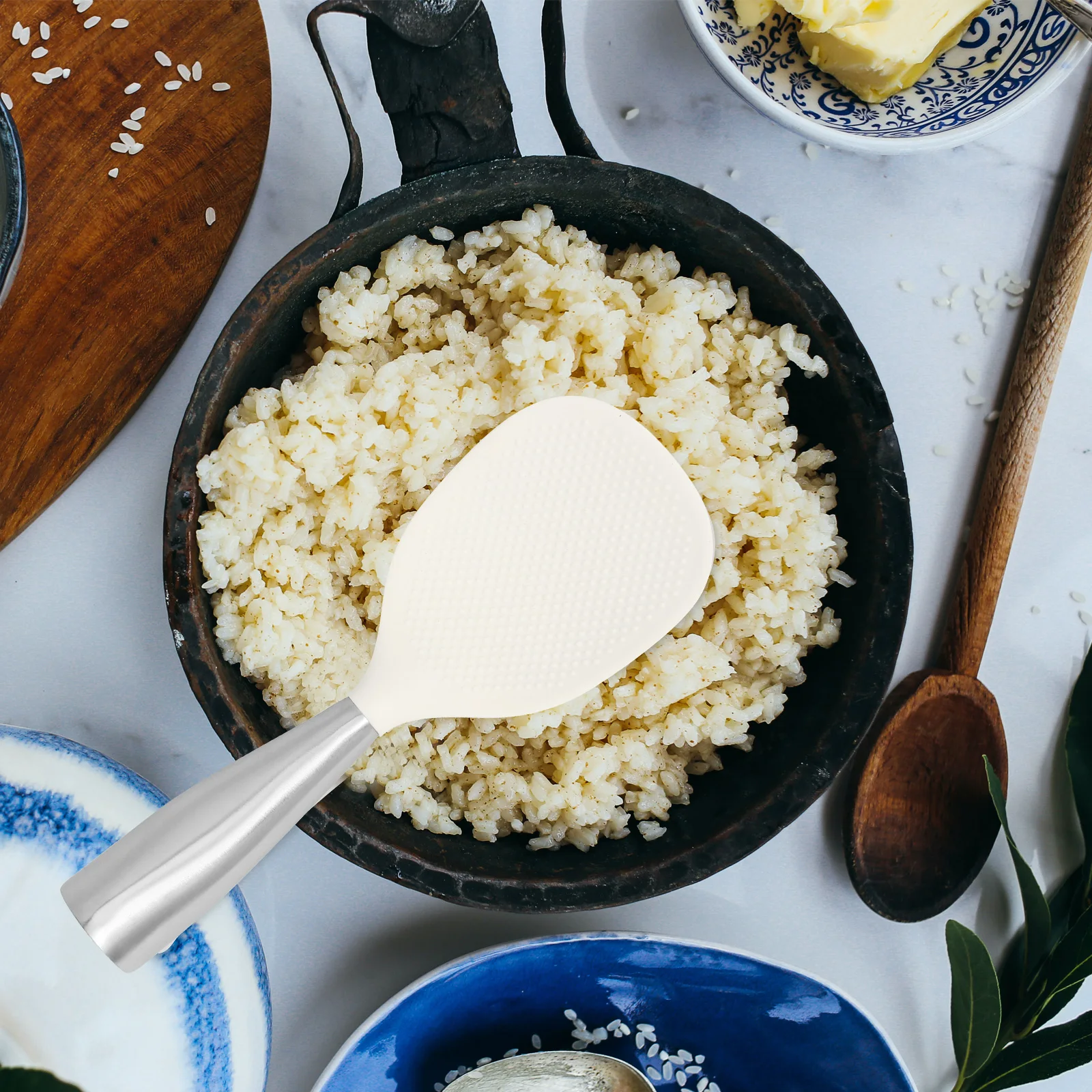 

Silicone Rice Spoon Stainless Steel Handle 430 Nonstick Kitchen Scoop White Reusable Standing Paddle Easy Clean Anti Slip Home