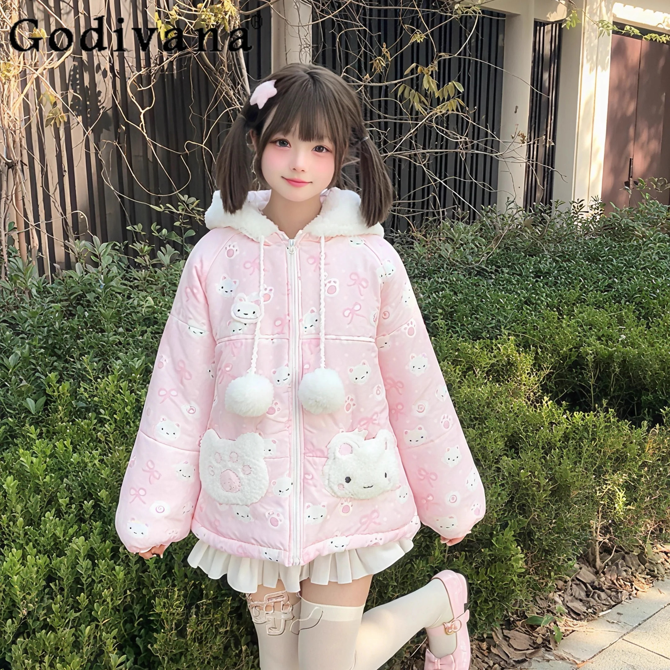 الأصلي لوليتا Kawaii الحلو سترات 2025 الخريف الشتاء لطيف ابنة Y2K أسفل سترات دافئة سميكة قصيرة معاطف السترة للنساء